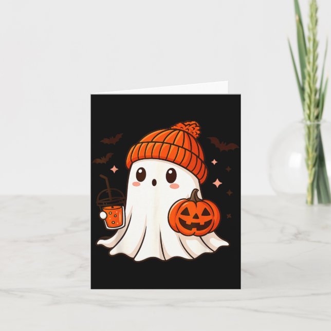 Cute Ghost with Beanie Holding Pumpkin Coffee Card (Front)