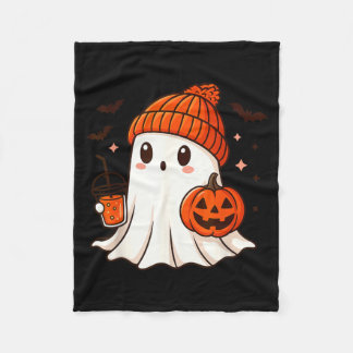 Cute Ghost with Beanie Holding Pumpkin Coffee Fleece Blanket