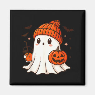 Cute Ghost with Beanie Holding Pumpkin Coffee Magnet
