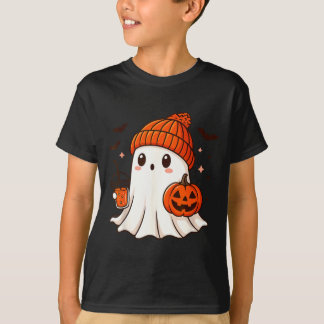 Cute Ghost with Beanie Holding Pumpkin Coffee T-Shirt