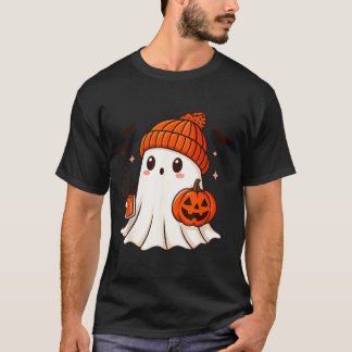 Cute Ghost with Beanie Holding Pumpkin Coffee T-Shirt