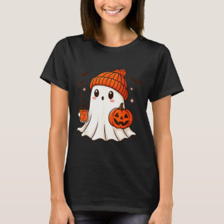 Cute Ghost with Beanie Holding Pumpkin Coffee T-Shirt