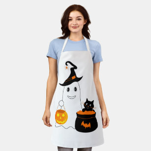 Cute ghost with black cat celebrate halloween apron