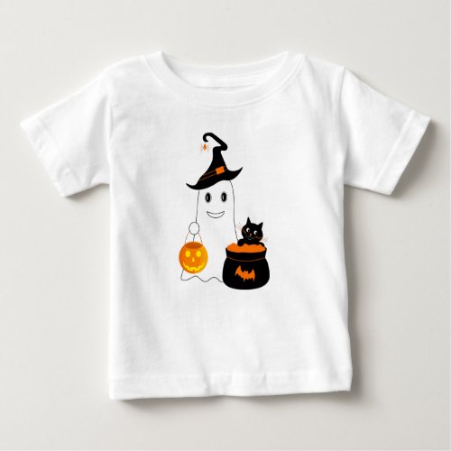 Cute ghost with black cat celebrate halloween baby T_Shirt