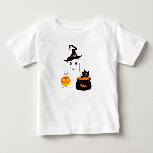 Cute ghost with black cat celebrate halloween baby T-Shirt (Front)