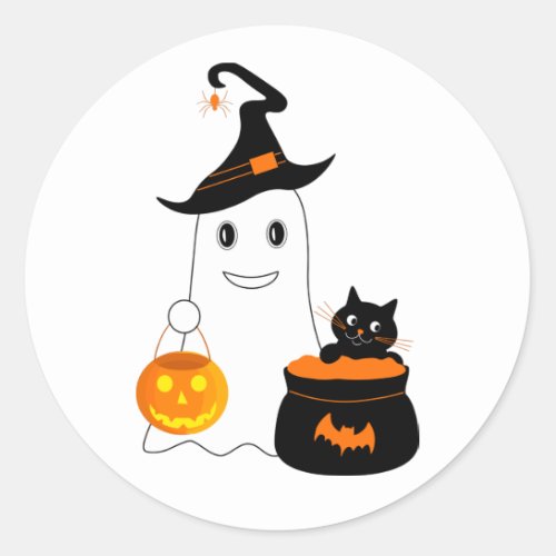 Cute ghost with black cat celebrate halloween classic round sticker