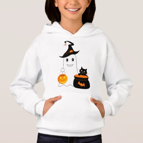 Cute ghost with black cat celebrate halloween hoodie