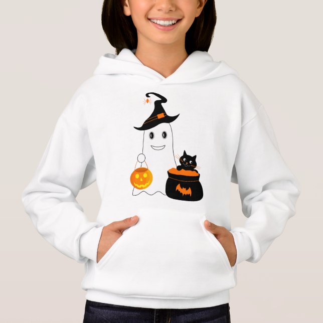 Cute ghost with black cat celebrate halloween hoodie (Front)