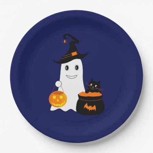 Cute ghost with black cat celebrate halloween paper plates