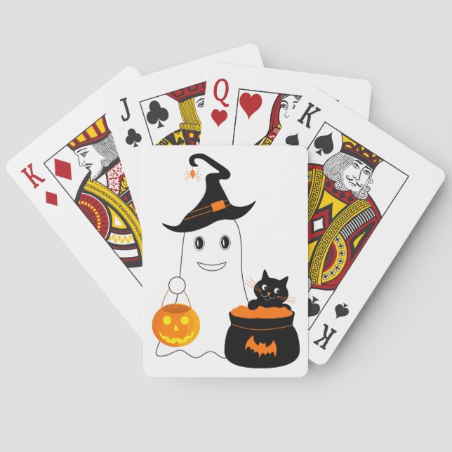 Cute ghost with black cat celebrate halloween poker cards (Back)