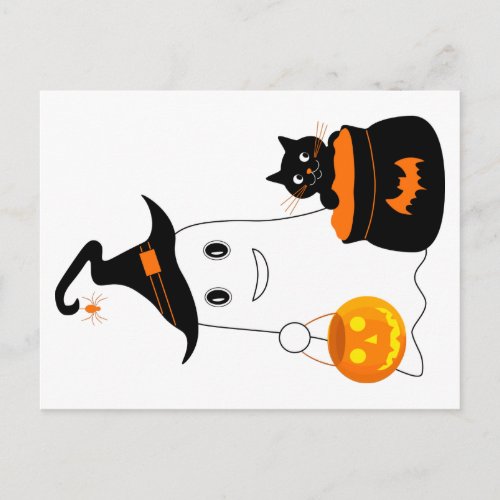 Cute ghost with black cat celebrate halloween postcard