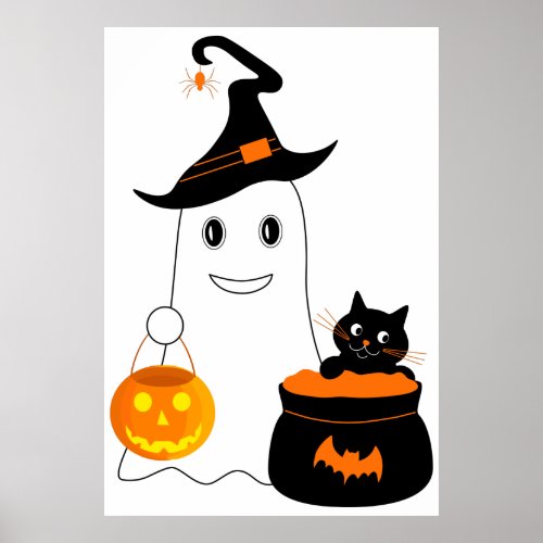 Cute ghost with black cat celebrate halloween poster