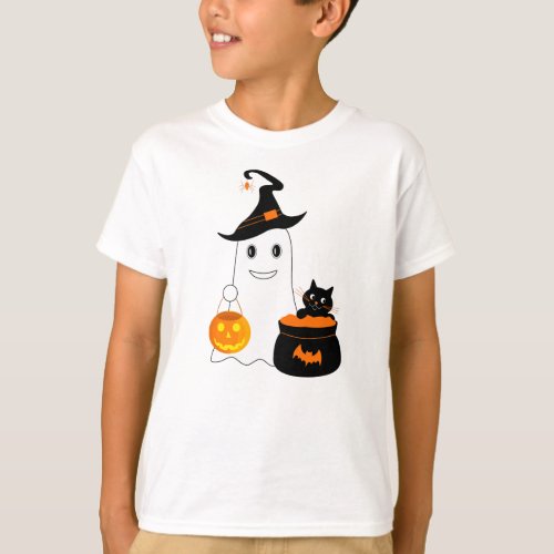 Cute ghost with black cat celebrate halloween T_Shirt