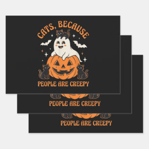Cute Ghost with Black Cats and Pumpkin Halloween Wrapping Paper Sheets