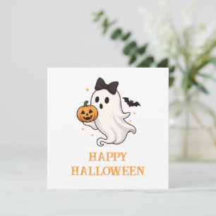 Cute Ghost with Bow and Pumpkin Halloween