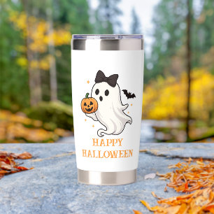Cute Ghost with Bow and Pumpkin Halloween Insulated Tumbler