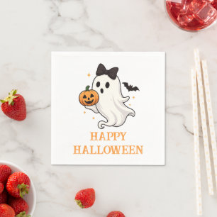 Cute Ghost with Bow and Pumpkin Halloween Napkins