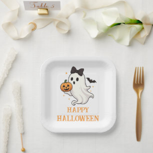 Cute Ghost with Bow and Pumpkin Halloween Paper Plates