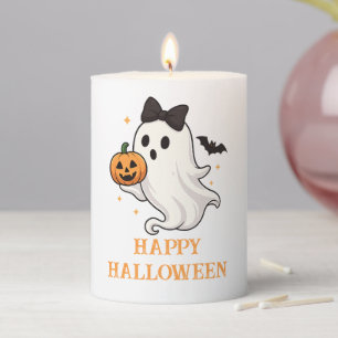 Cute Ghost with Bow and Pumpkin Halloween Pillar Candle