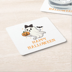 Cute Ghost with Bow and Pumpkin   Halloween  Square Paper Coaster
