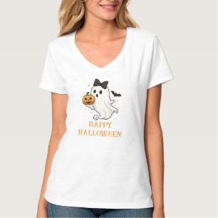 Cute Ghost with Bow and Pumpkin Halloween T-Shirt