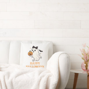 Cute Ghost with Bow and Pumpkin   Halloween  Throw Pillow