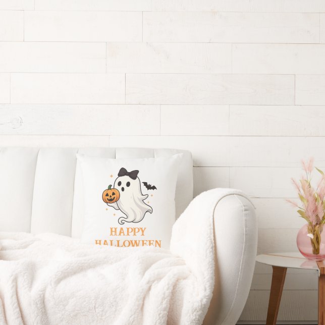 Cute Ghost with Bow and Pumpkin | Halloween  Throw Pillow (Couch)