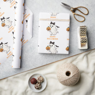 Cute Ghost with Bow and Pumpkin Halloween Wrapping Paper