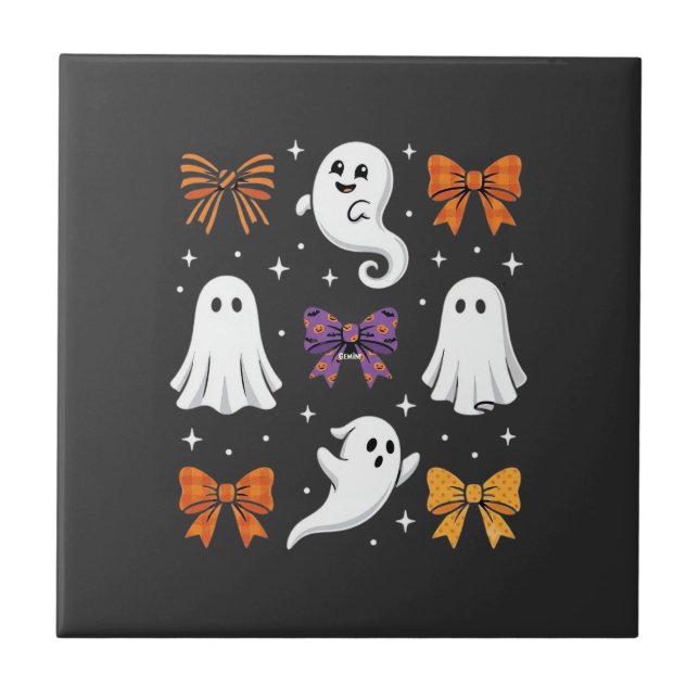 Cute Ghost with Bows Halloween Design_1 Ceramic Tile (Front)
