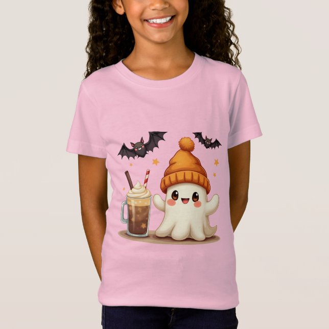 Cute Ghost with Coffee and Bats Halloween T-Shirt (Front)
