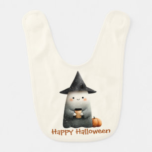 Cute Ghost with Coffee Halloween Baby Bib