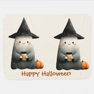 Cute Ghost with Coffee Halloween Baby Blanket