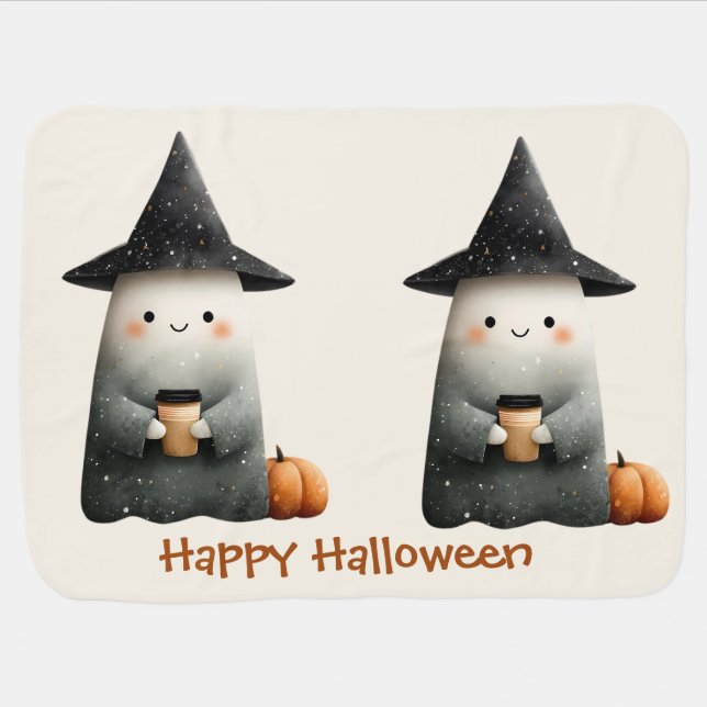 Cute Ghost with Coffee Halloween Baby Blanket (Horizontal)