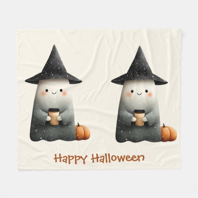 Cute Ghost with Coffee Halloween Fleece Blanket (Front (Horizontal))