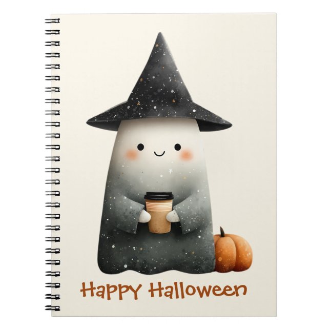 Cute Ghost with Coffee Halloween Notebook (Front)