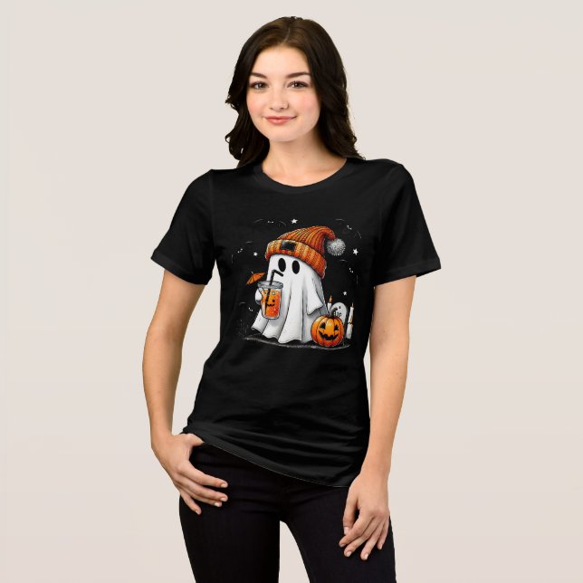 Cute Ghost with Drink and Pumpkin Art Tri-Blend Shirt (Front Full)