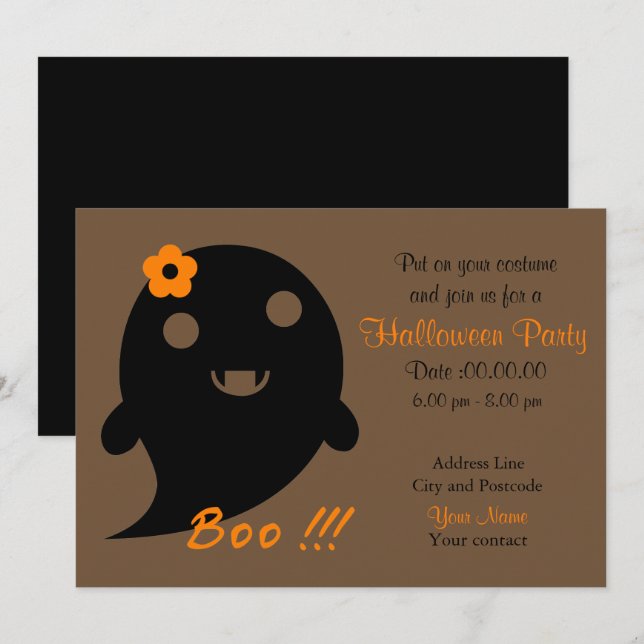 Cute  Ghost With Flower And Word "Boo" Invitation (Front/Back)