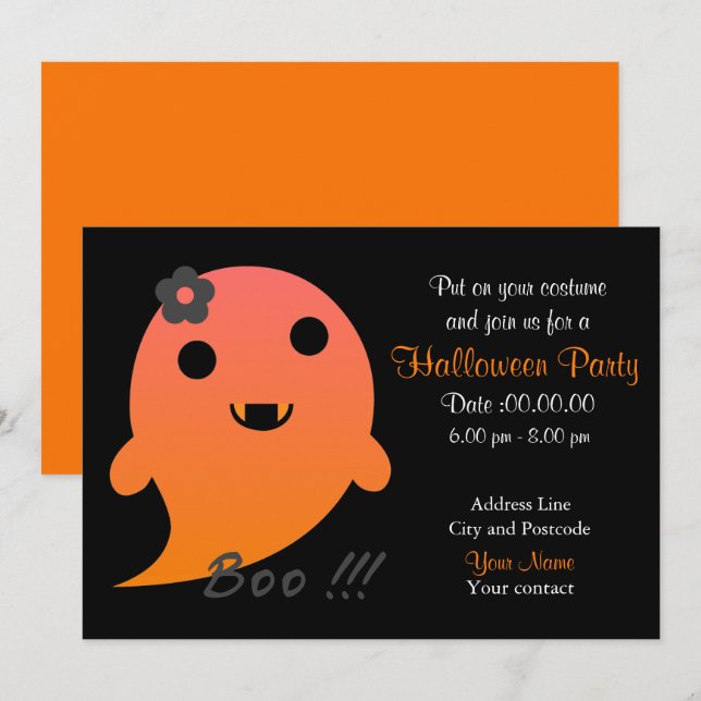 Cute  Ghost With Flower And Word "Boo" Invitation (Front/Back)
