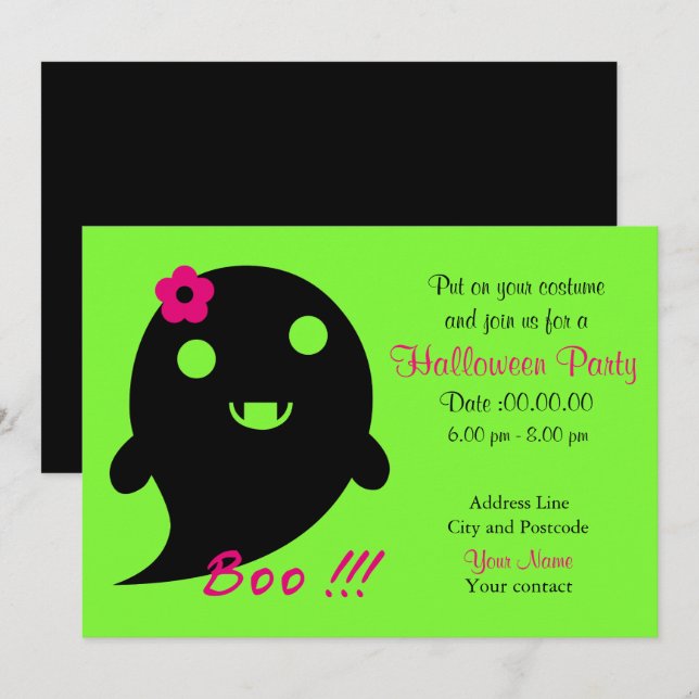Cute  Ghost With Flower And Word "Boo" Invitation (Front/Back)