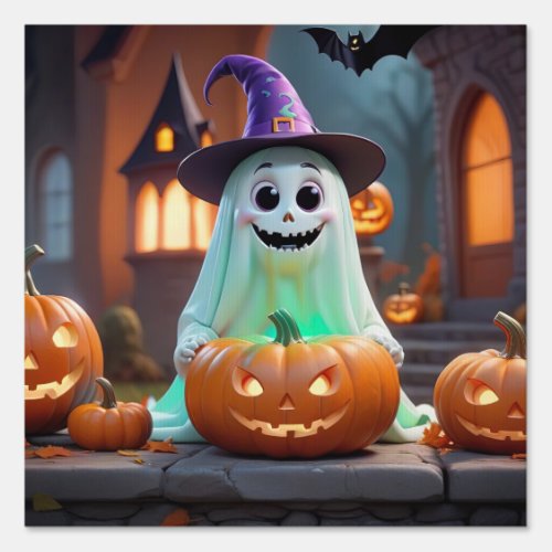 Cute ghost with Halloween pumpkins Sign