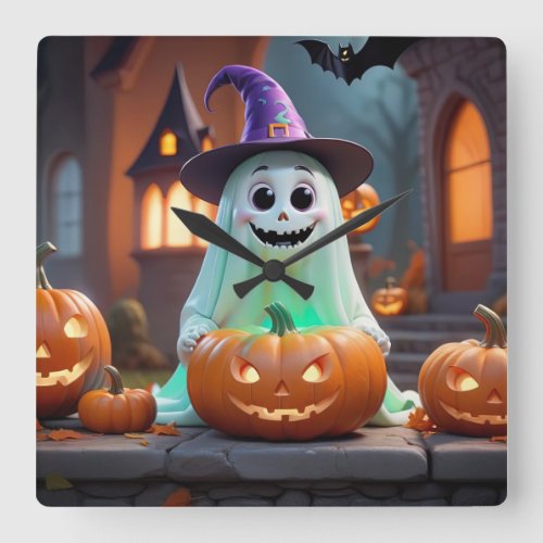 Cute ghost with Halloween pumpkins Square Wall Clock