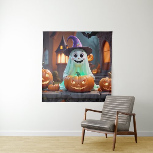 Cute ghost with Halloween pumpkins Tapestry