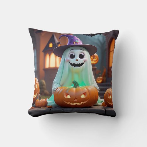 Cute ghost with Halloween pumpkins Throw Pillow