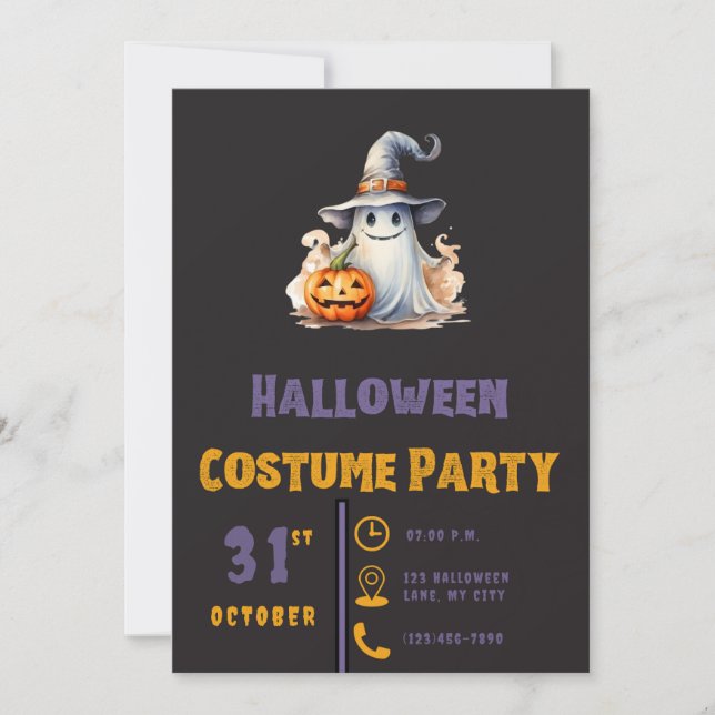 Cute Ghost with Jack-O' Lantern Black Halloween Invitation (Front)