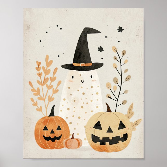 Cute Ghost with Jack-o-lanterns Halloween Nursery Poster (Front)