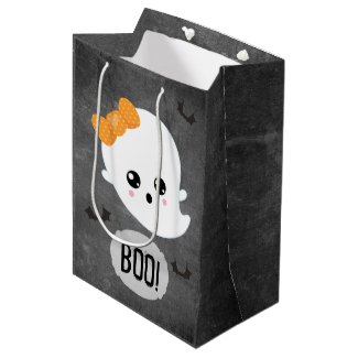 Cute Ghost with Orange Bow Halloween Medium Gift Bag