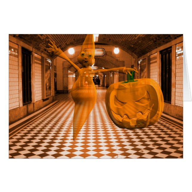 Cute Ghost With Pumpkin Cards (Front Horizontal)