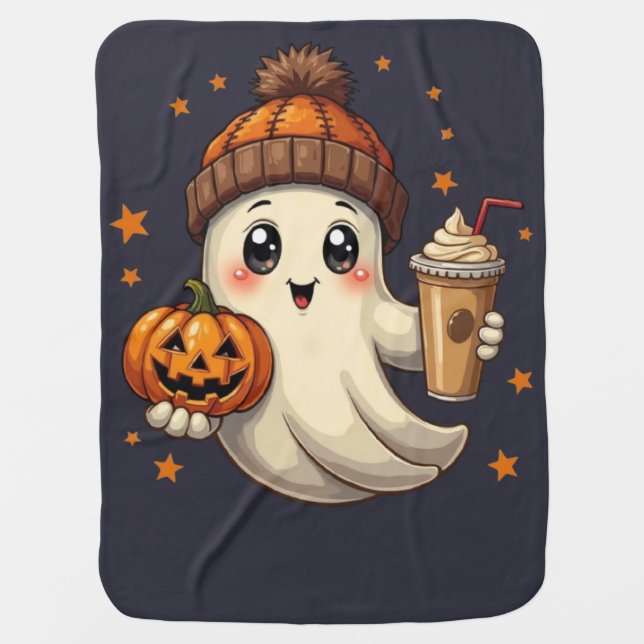 Cute Ghost with Pumpkin & Coffee Halloween  Baby Blanket (Front)