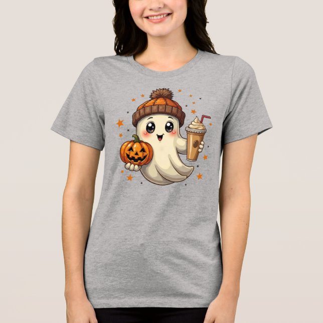 Cute Ghost with Pumpkin & Coffee Halloween T-Shirt Tri-Blend Shirt (Front)
