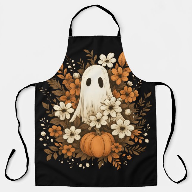 Cute Ghost With Pumpkin & Fall Flowers – Halloween Apron (Front)